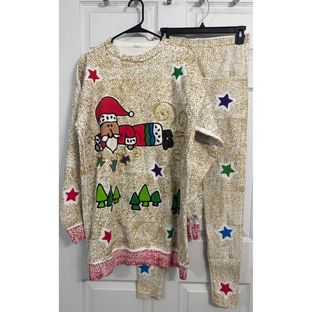 B's T's Women's Size L Puff Paint Hand Painted Santa Christmas Sweatshirt Outfit